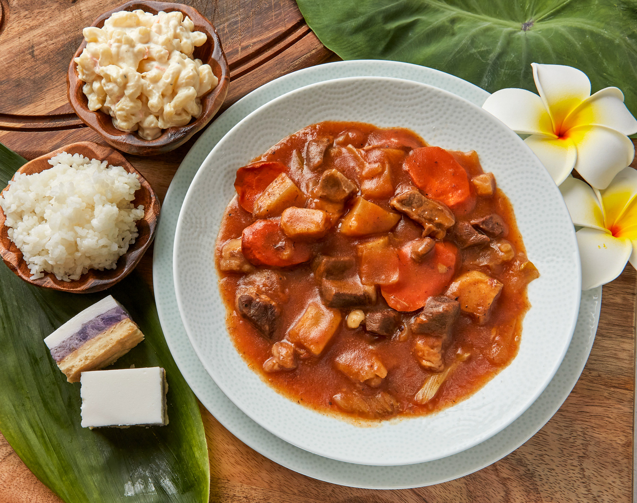 Beef Stew plate with rice and mac salad