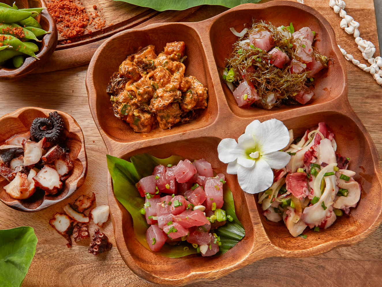 Poke sampler with fresh ahi, tako, and edamame